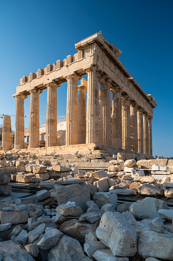 Full length photo of mother, 10 years old son and 5 years old daughter visiting ancient Greek city of Didyma in Aydin Province, Turkey. Shot during day time with a full frame mirrorless camera.