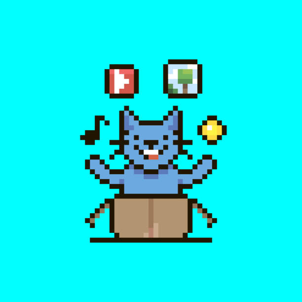 simple flat pixel art illustration of cartoon smiling crypto cat sitting in an open cardboard box, cat juggling symbols overhead musical note, video player, picture and coin or token colorful simple flat pixel art illustration of cartoon smiling crypto cat sitting in an open cardboard box, cat juggling symbols overhead musical note, video player, picture and coin or token non fungible token stock illustrations