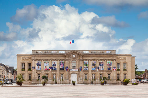 Paris, France - September 10, 2023 : Entrance of the Commercial Court building along the Seine river in Paris, France