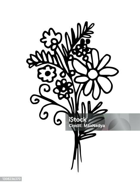 Simple Handdrawn Vector Drawing In Black Outline Festive Bouquet Of ...