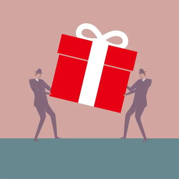 Vector illustration of Conceptual design of teamwork, two people lift a huge gift box.