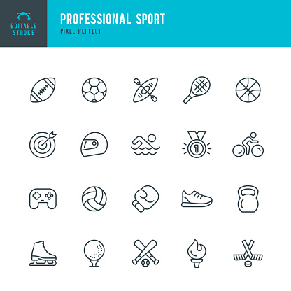 PROFESSIONAL SPORT - thin line vector icon set. 20 linear icon. Pixel perfect. Editable outline stroke. The set contains icons: Soccer, American Football, Basketball, Baseball, Auto Racing, Boxing, eSports, Ice Hockey, Swimming, Figure Skating, Golf, Kayaking, Archery, Olympic Torch, Weightlifting.