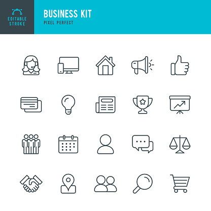 BUSINESS KIT - thin line vector icon set. 20 linear icon. Pixel perfect. Editable outline stroke. The set contains icons: Team, Award, Support, Handshake, Megaphone, Credit Card, Diagram, Shopping Cart, Thumbs Up.