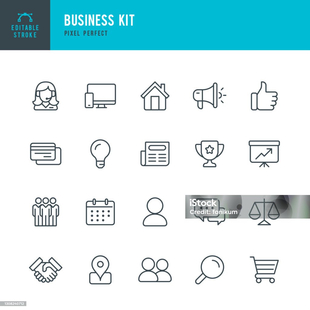 BUSINESS KIT - thin line vector icon set. Pixel perfect. Editable stroke. The set contains icons: Team, Award, Support, Handshake, Megaphone, Credit Card, Diagram, Shopping, Thumbs Up. BUSINESS KIT - thin line vector icon set. 20 linear icon. Pixel perfect. Editable outline stroke. The set contains icons: Team, Award, Support, Handshake, Megaphone, Credit Card, Diagram, Shopping Cart, Thumbs Up. Icon stock vector