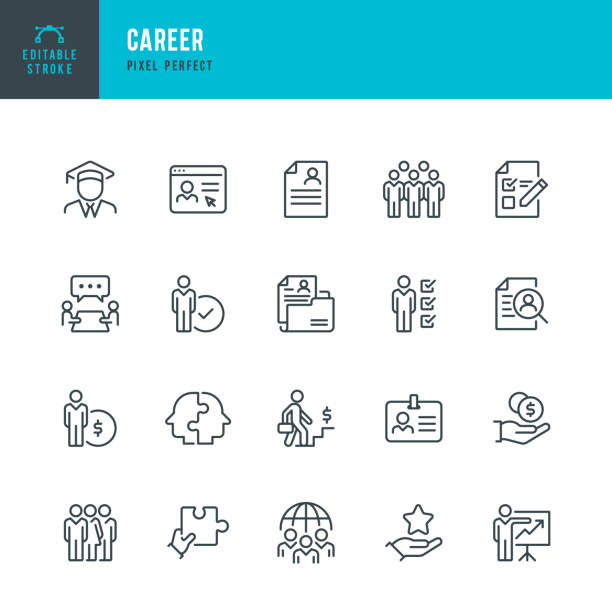 KARRIERE - Dünnlinien-Vektor-Icon-Set. 20 lineare Symbole. Pixel perfekt. Bearbeitbarer Gliederungsstrich. Das Set enthält Symbole: Teamwork, Ladder of Success, Global Business, Resume, Human Resources, Career Growth, Salary, Presentation, Education.