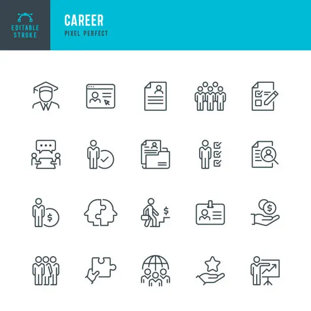 Vector illustration of CAREER - thin line vector icon set. Pixel perfect. Editable stroke. The set contains icons: Teamwork, Resume, Global Business, Human Resources, Career Growth, Salary, Presentation.