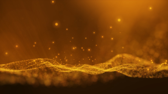 Dark gold yellow brown and glow dust particle abstract background. 3D rendering.