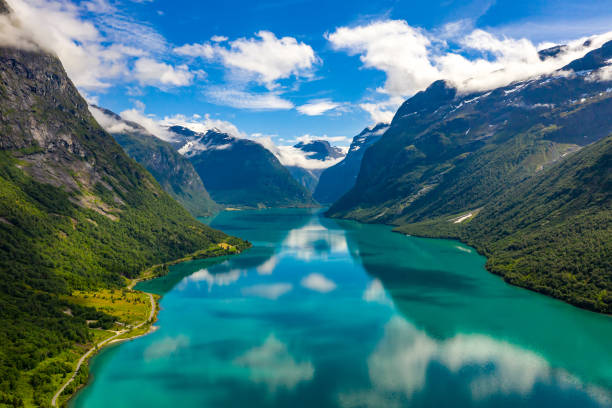 lovatnet lake beautiful nature norway. - norway island nordic countries horizontal imagens e fotografias de stock