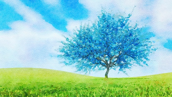 Surreal spring landscape with lush blooming unrealistic blue sakura cherry tree in full blossom in wet watercolor style. Fantasy digital art painting from my own 3D rendering file.