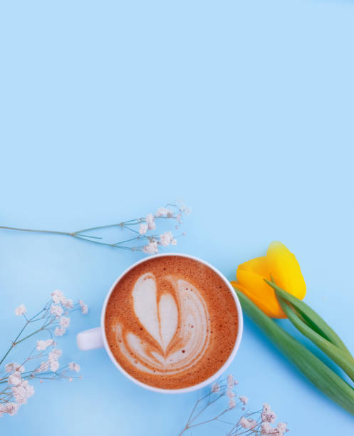 istock cup of coffee. tulip flower on colored background 1308245616