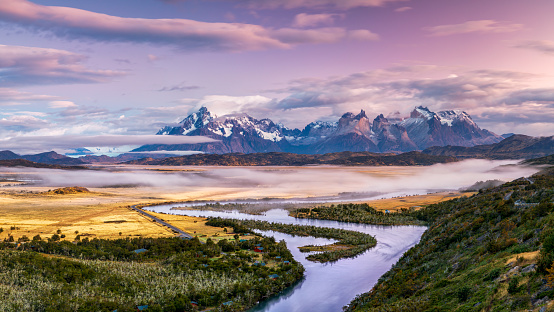 Serrano River with view to Cerro Torre, Torres del Paine, Chile