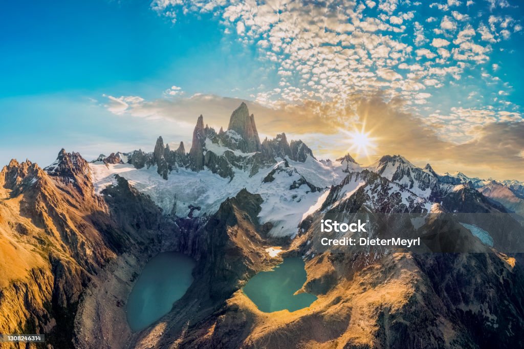 Mount Fitz Roy with Laguna de los Tres and laguna Sucia, Patagonia, Argentina Argentina, Chalten, Famous Place, Lake, Mt Fitzroy, aerial view Mountain Stock Photo