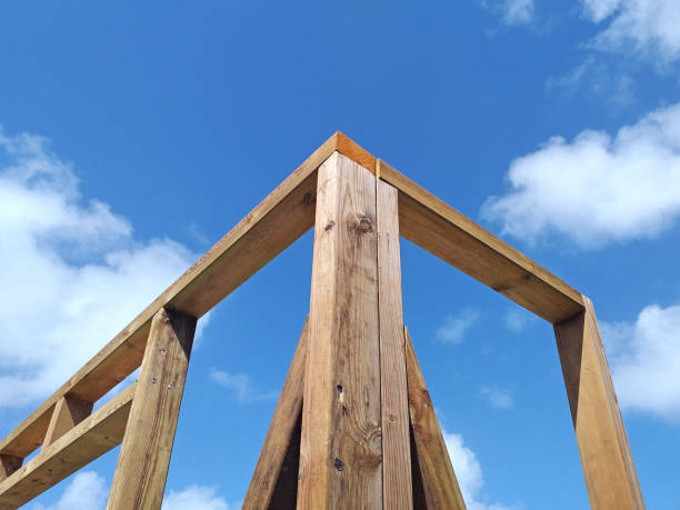 istock Wooden structure under tropical blue sky. Structural timber construction pillars in the French West Indies. A house in wood. Ecological architecture and handmade carpentry concept. 1308246370