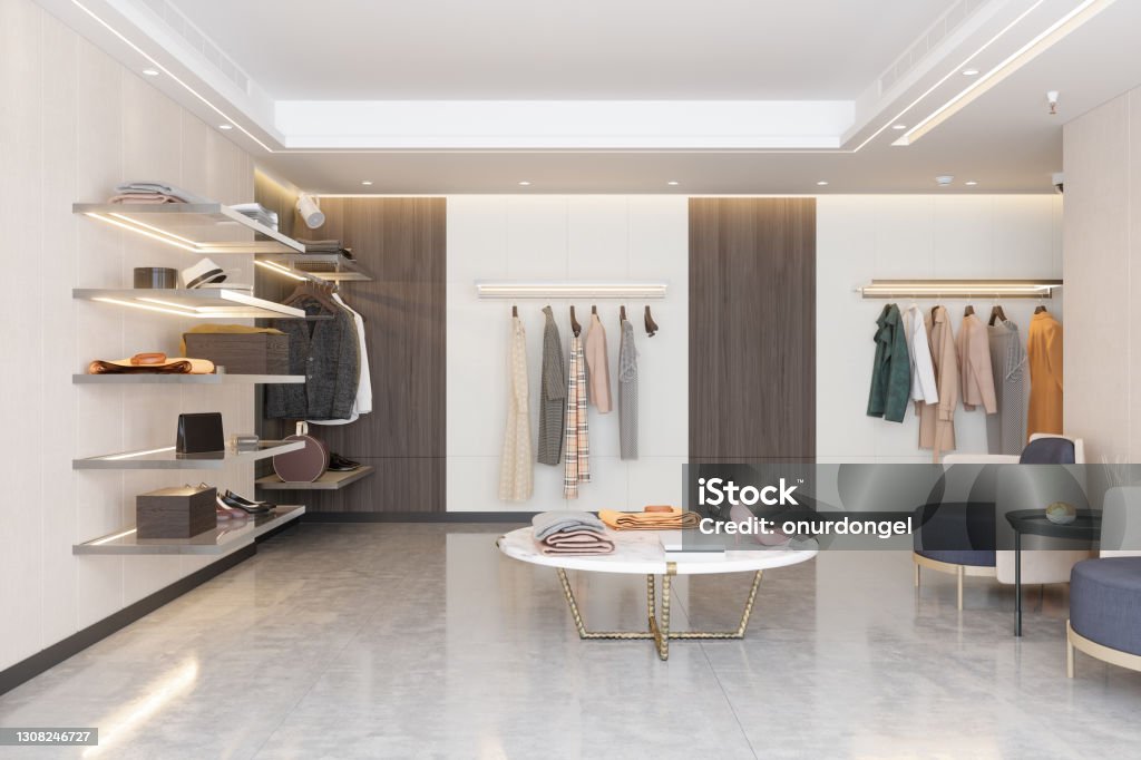 Luxury Clothing Store With Clothes, Shoes And Other Personal Accessories. Store Stock Photo