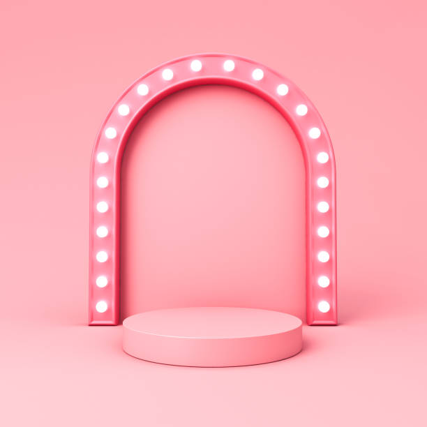 istock Blank pink podium pedestal or platform with glowing retro light bulbs isolated on pink pastel color background with shadow minimal conceptual 1308247655