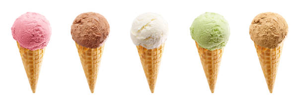 istock Various ice cream scoops in waffle cones isolated on white background 1308247943