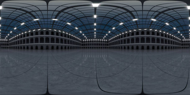 istock Full spherical panorama 360 degrees of empty exhibition space. backdrop for exhibitions and events. Tile floor. Marketing mock up. 3D render illustration 1308248663