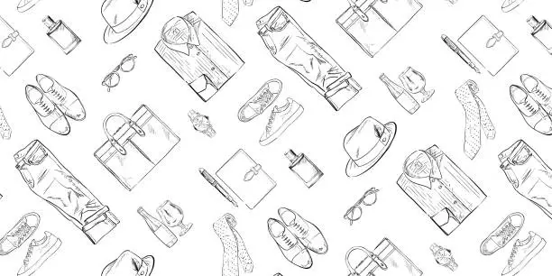 Vector illustration of Various men's belongings. Seamless pattern for Father's Day gifts. Line art. There is swatch pattern registration.