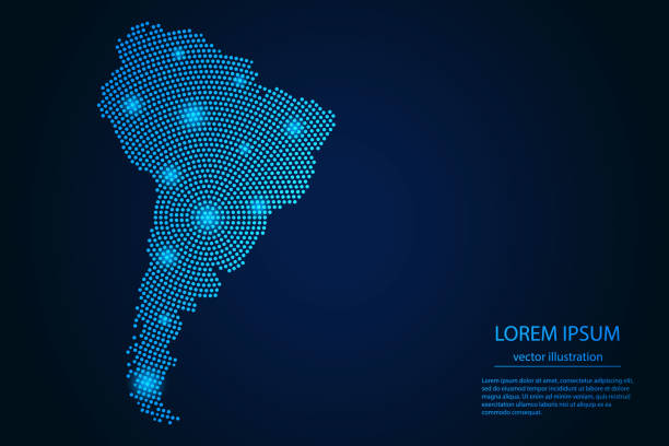 ilustrações, clipart, desenhos animados e ícones de imagem abstrata mapa da américa do sul a partir de azul ponto e estrelas brilhantes em um fundo escuro - mapa brazil 3d