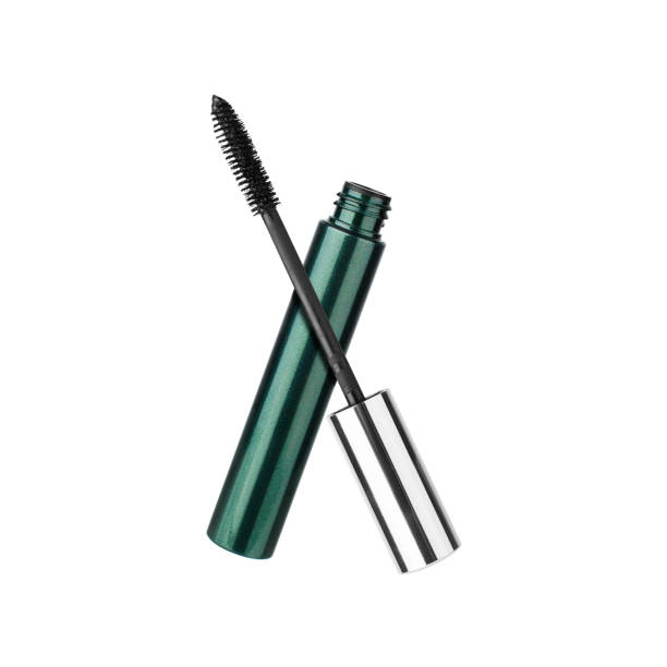 Opened mascara and brush white background isolated close up, green tube, black ink, eye mascara container, eyelash applicator stick, package box, eye lashes wand, beauty makeup accessory, cosmetics Opened mascara and brush white background isolated close up, green tube, black ink, eye mascara container, eyelash applicator stick, package box, eye lashes wand, beauty makeup accessory, cosmetics mascara wands stock pictures, royalty-free photos & images