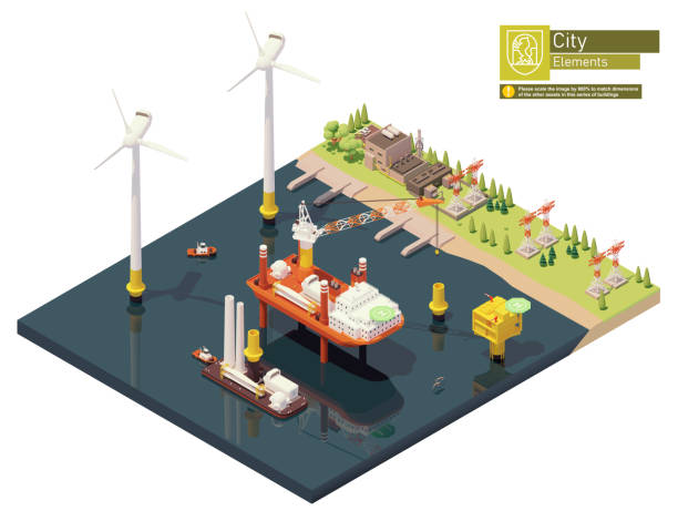 Vector isometric offshore wind farm construction Vector isometric offshore wind farm and power plant construction. Includes turbine installation vessel with crane and barge loaded with wind turbine parts, transformer station, power station offshore wind farm stock illustrations