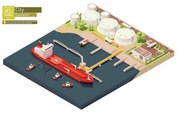 ilustraciones, imágenes clip art, dibujos animados e iconos de stock de depósito de petróleo vectorial y bunkering de buques petroleros - supertanker
