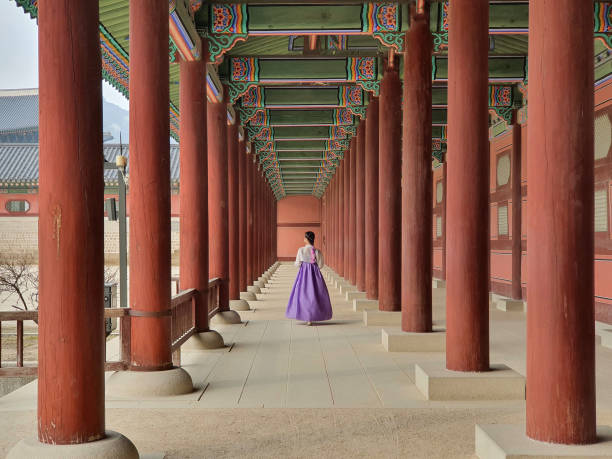 Wooden Columns of Gyeongbokgung Palace in Seoul, Korea stock photo