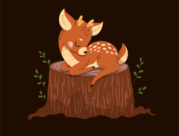 illustrations, cliparts, dessins animés et icônes de petit cerf adorable endormi sur une souche d’arbre dans la forêt - faon