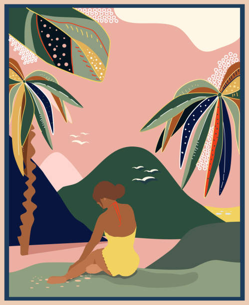 девушка загорает в купальнике на летнем фоне с пальмами. плакат в стиле середины века. абстрактный пейзаж с тропическим лесом, холмами и сол - tropical climate banner tropical rainforest placard stock illustrations