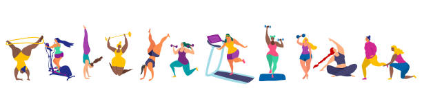 ilustrações de stock, clip art, desenhos animados e ícones de set of funky young women in gym.sport activities, exercises and yoga. female characters vector illustration.fitness workout, with training apparatus. - slenderize