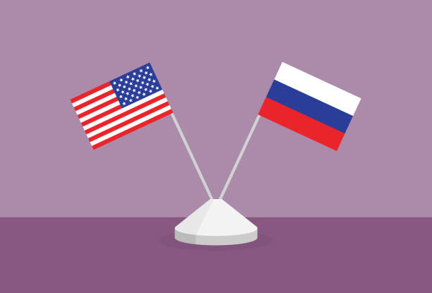 US and Russia flag on a table Sanctions, Agreement, Conflict, Embassy, Foreign affairs, Talking, Confrontation russia flag stock illustrations