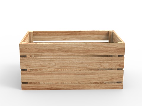 Wooden crate with black paper label. 3d render illustration.