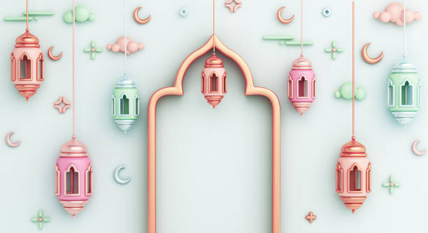 istock Islamic decoration background with arabic window frame crescent lantern cartoon style, ramadan kareem, mawlid, iftar, isra miraj, eid al fitr adha, muharram, copy space text, 3D illustration. 1308257523