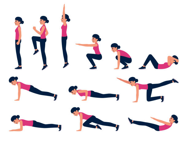 Woman exercise illustration set Cartoon woman bodyweight exercise illustration set. Fitness workout for abs, cardio, HIIT. Isolated vector clip art. exercise class icon stock illustrations