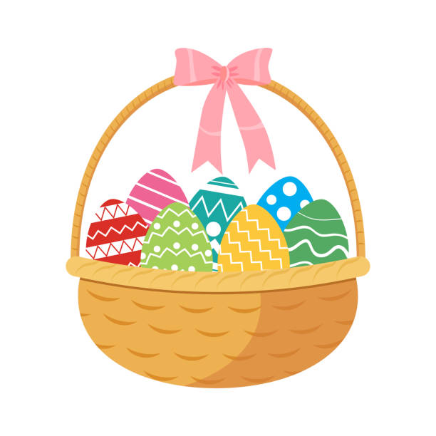 ilustraciones, imágenes clip art, dibujos animados e iconos de stock de cesta de mimbre llena con huevos coloridos de pascua aislados sobre fondo blanco - easter ornament