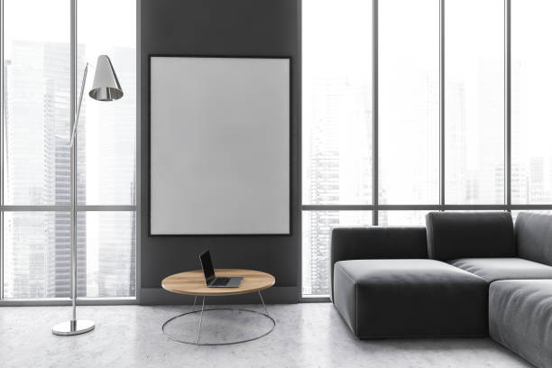 istock Mockup canvas in dark living room with black sofa on marble floor 1308272105