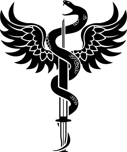 New medical symbol, a snake coiled around a syringe. Caduceus. Black vector stencil vector art illustration