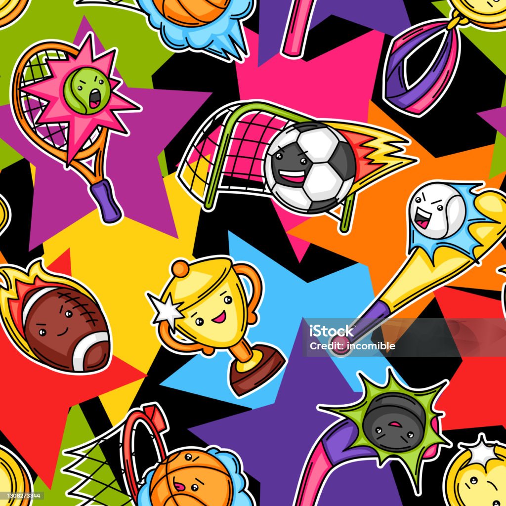 Seamless Pattern With Kawaii Sport Items Stock Illustration - Download ...