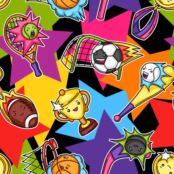 Vector illustration of Seamless pattern with kawaii sport items.