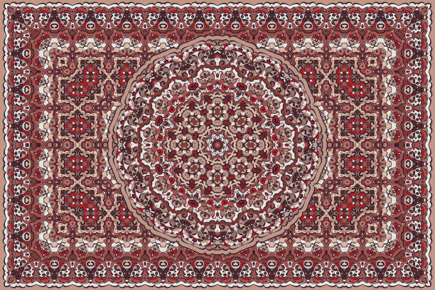 Rich persian colored carpet ethnic pattern. Vintage Arabic pattern. Persian colored carpet. Rich ornament for fabric design, handmade, interior decoration, textiles. Red background. persian culture stock illustrations