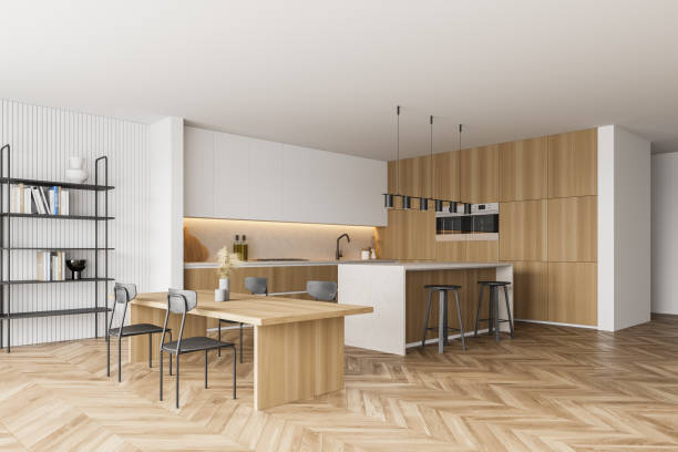 istock Wooden kitchen room with dining table and chairs, parquet floor 1308275879
