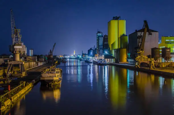 Port in Hamm Westfalen at night, Ruhr area, NRW, Germany