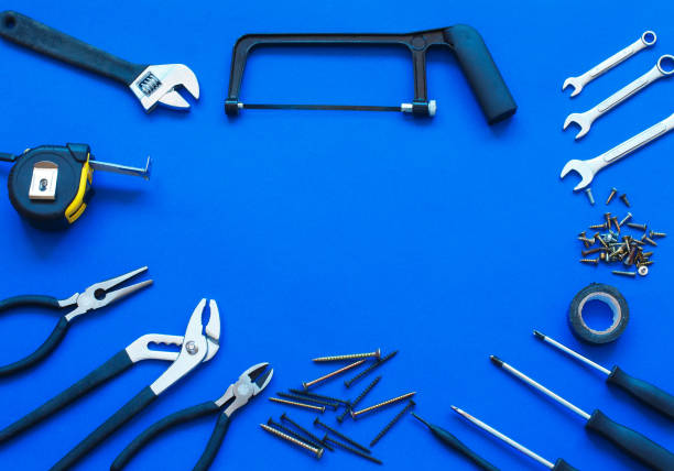 istock Joinery tools on blue background. Place for the text. A concept for Father's Day. 1308278381