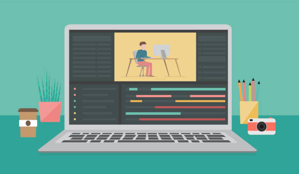 ilustrações de stock, clip art, desenhos animados e ícones de video editing software. workplace for freelancer and editor, movie making, vector illustration - premiere