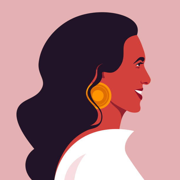 Portrait of a happy Hispanic woman in the profile. Face. Side view. Portrait of a happy Hispanic woman in the profile. Face of a human. Side view. Avatar. Vector flat illustration entrepreneur silhouettes stock illustrations