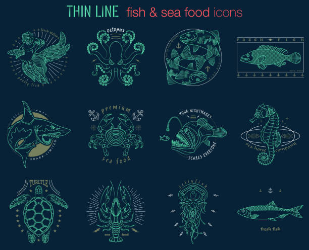 illustrazioni stock, clip art, cartoni animati e icone di tendenza di design astratto di icone di pesci e vita marina - anglerfish