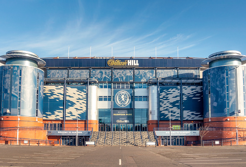 Glasgow, Scotland - The front entrance to Hampden Park, Scotland's national football stadiium, located in the city's Southside.