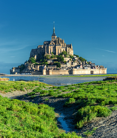View of famous Le Mont Saint-Michel tidal island . Normandy, northern France 10.08.2018