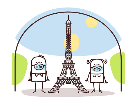 Hand drawn Cartoon Couple with protection Masks, near the Eiffel Tower, Contained in Paris
