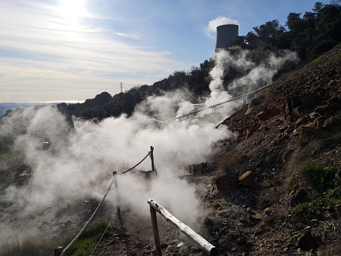 Hot steam and fumes at the Geothermal park of le Biancane in Monterotondo Marittimo, Grosseto province, Tuscany